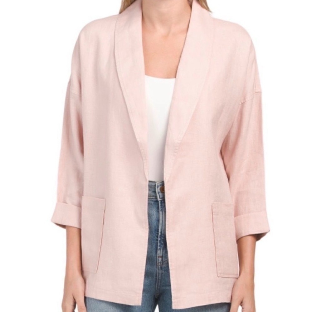 Eileen Fisher Cardigan Blazer Women XL Pink Organic Linen Open Front Cottagecore